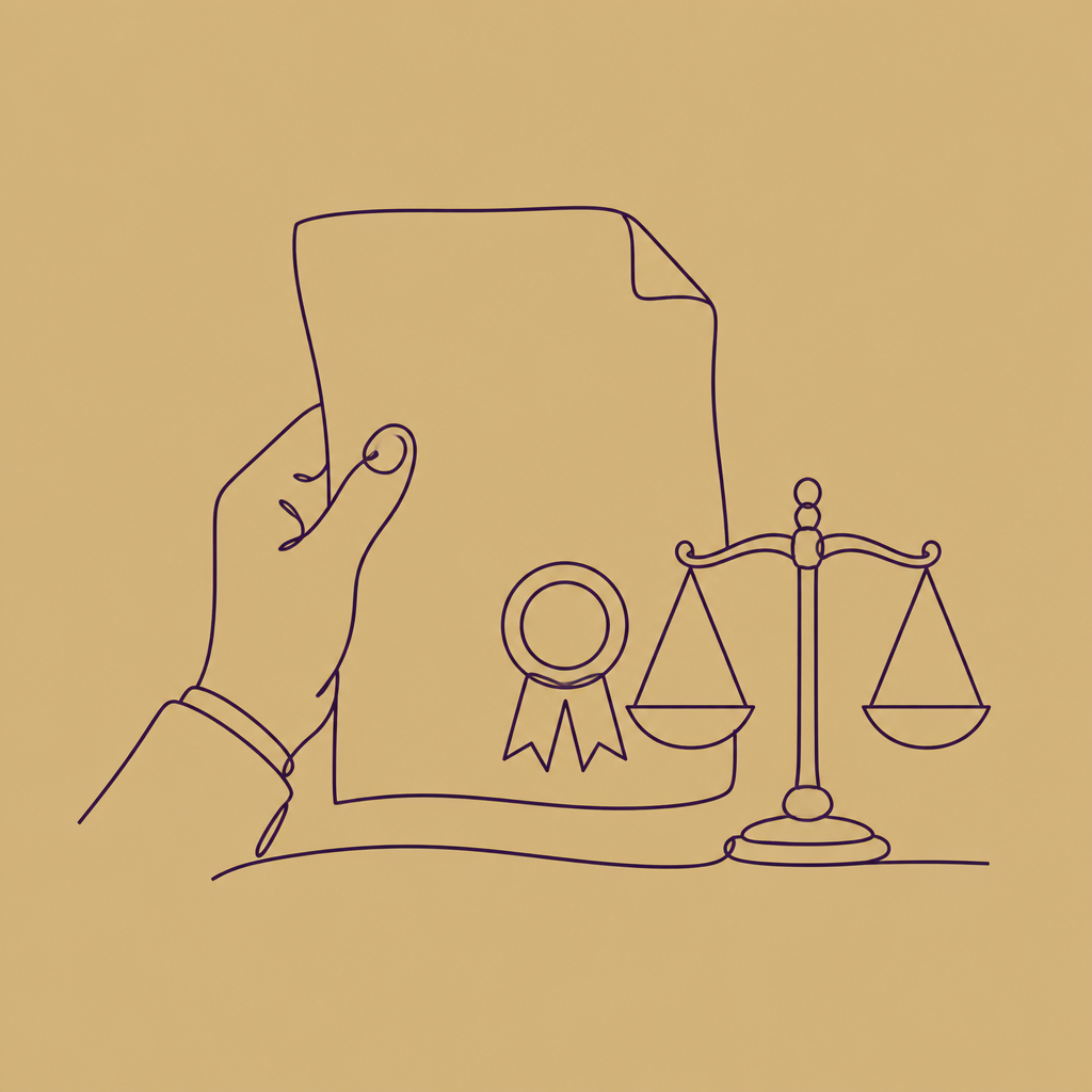 Lijntekening van een document met zegel en weegschaal